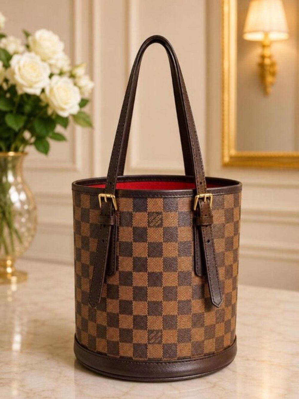 Authentic Louis Vuitton Bucket Damier Ebene Shoulder Tote Bag